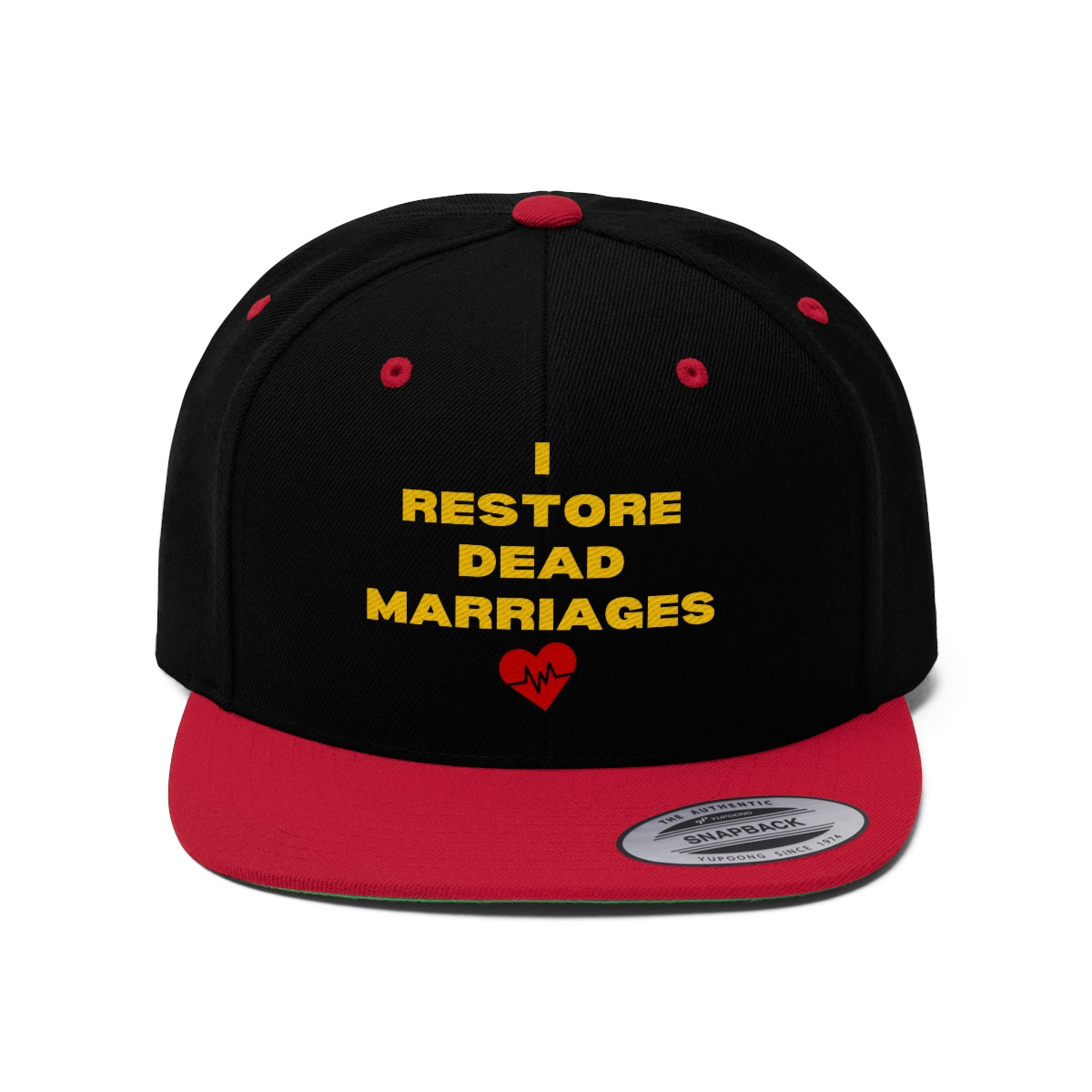 "I Restore Dead Marriages" Flat Bill Hat (Black/Red, Black/Gold, & Black available)