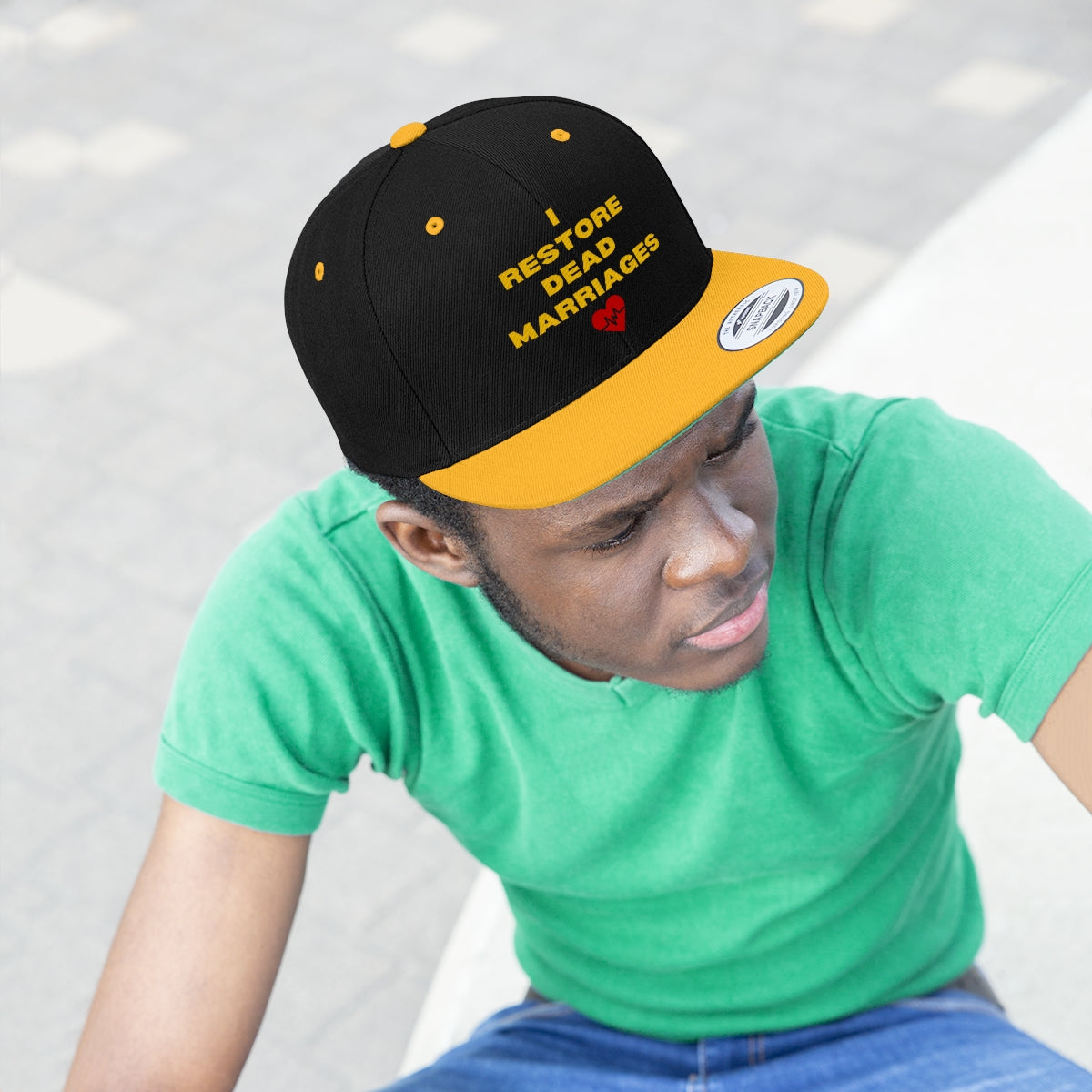 "I Restore Dead Marriages" Flat Bill Hat (Black/Red, Black/Gold, & Black available)