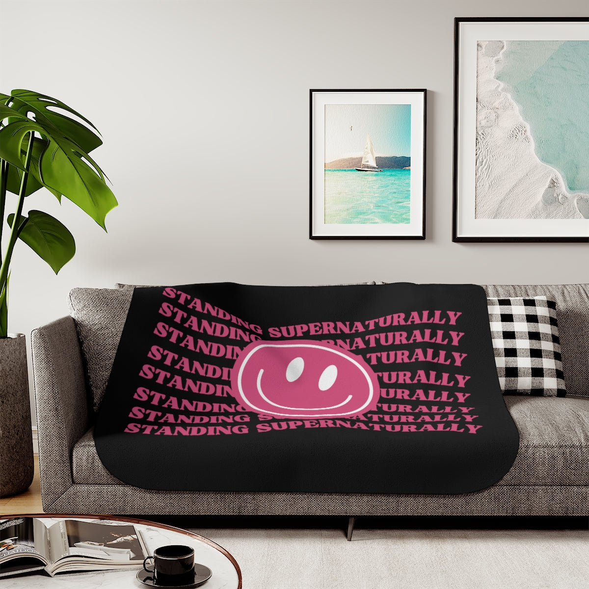 "Pink Smiley" Sherpa Blanket, (3 Sizes Available)