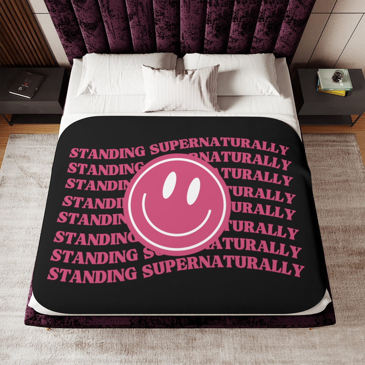 "Pink Smiley" Sherpa Blanket, (3 Sizes Available)