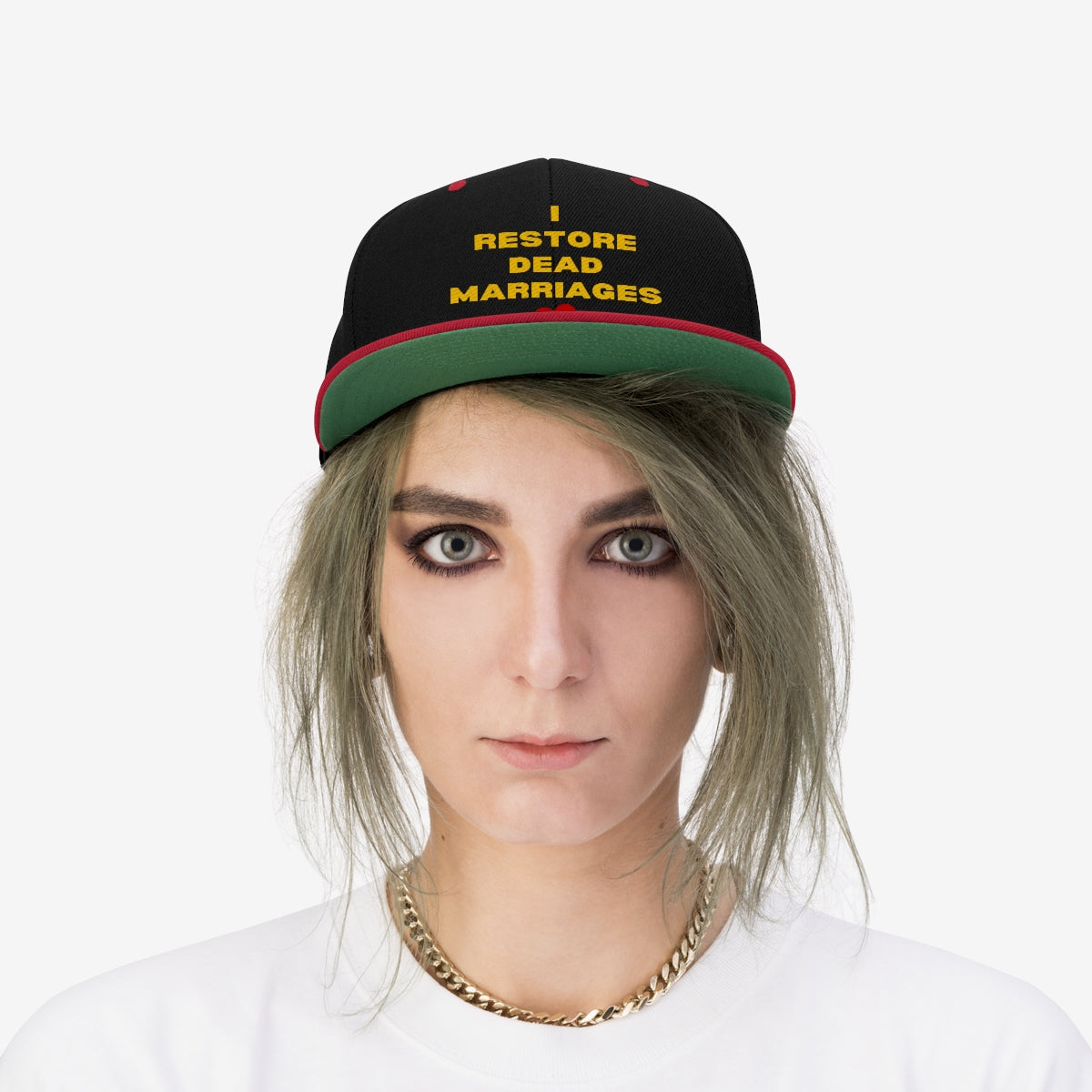 "I Restore Dead Marriages" Flat Bill Hat (Black/Red, Black/Gold, & Black available)