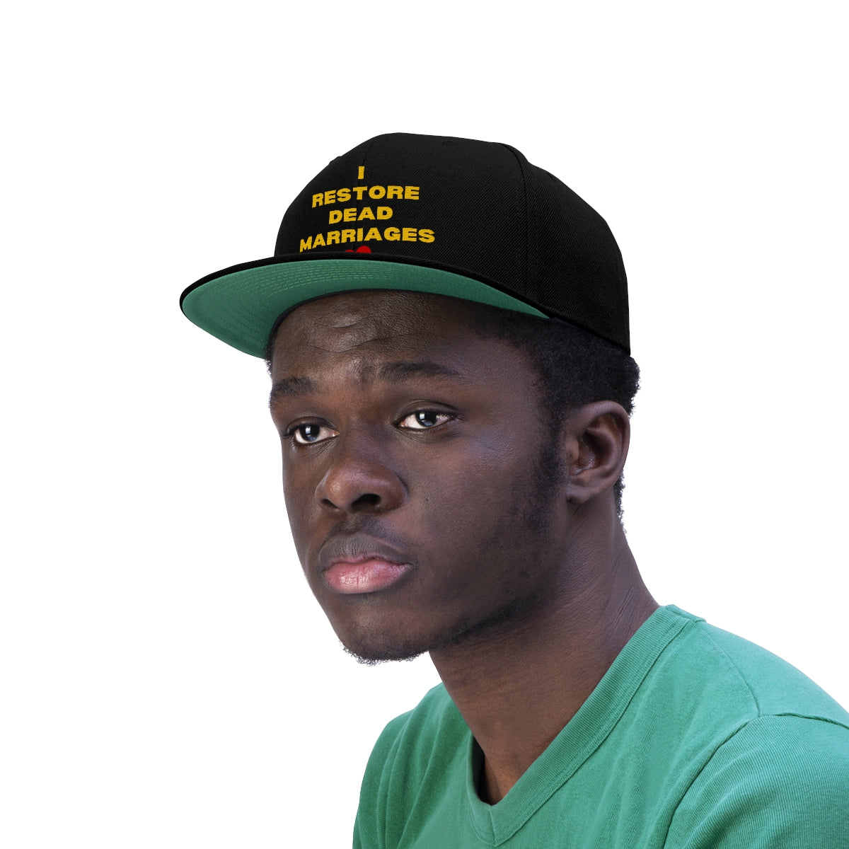 "I Restore Dead Marriages" Flat Bill Hat (Black/Red, Black/Gold, & Black available)