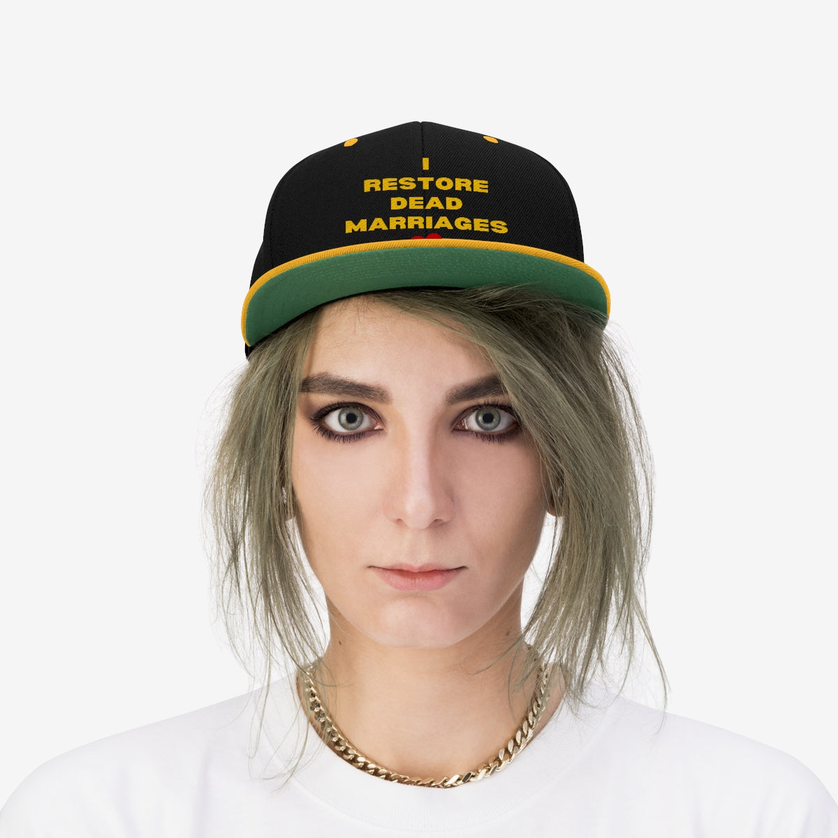 "I Restore Dead Marriages" Flat Bill Hat (Black/Red, Black/Gold, & Black available)